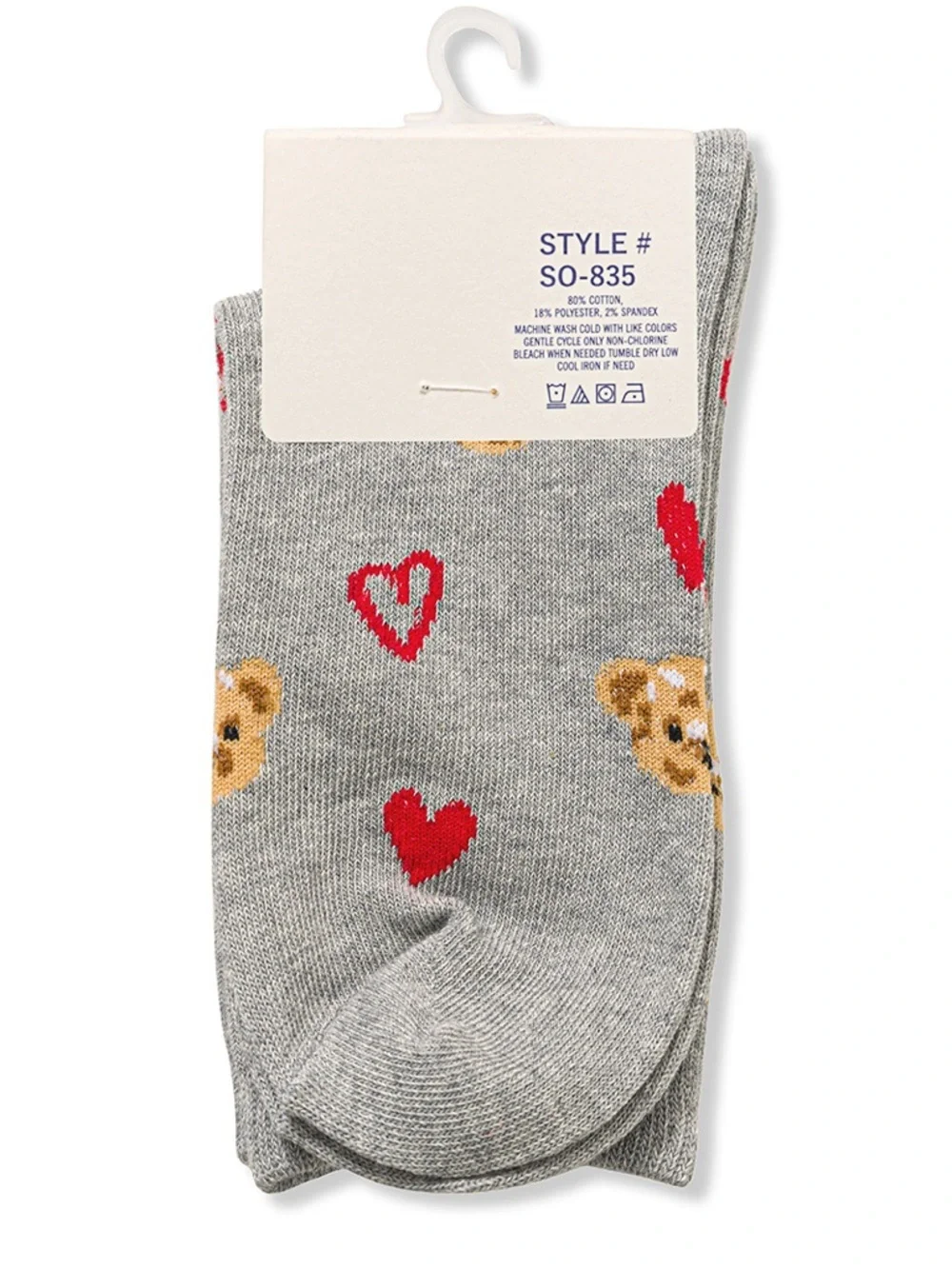 NWT Zenana Black & Grey Teddy Bear Heart Crew Socks Cozy Cute Gift One Size